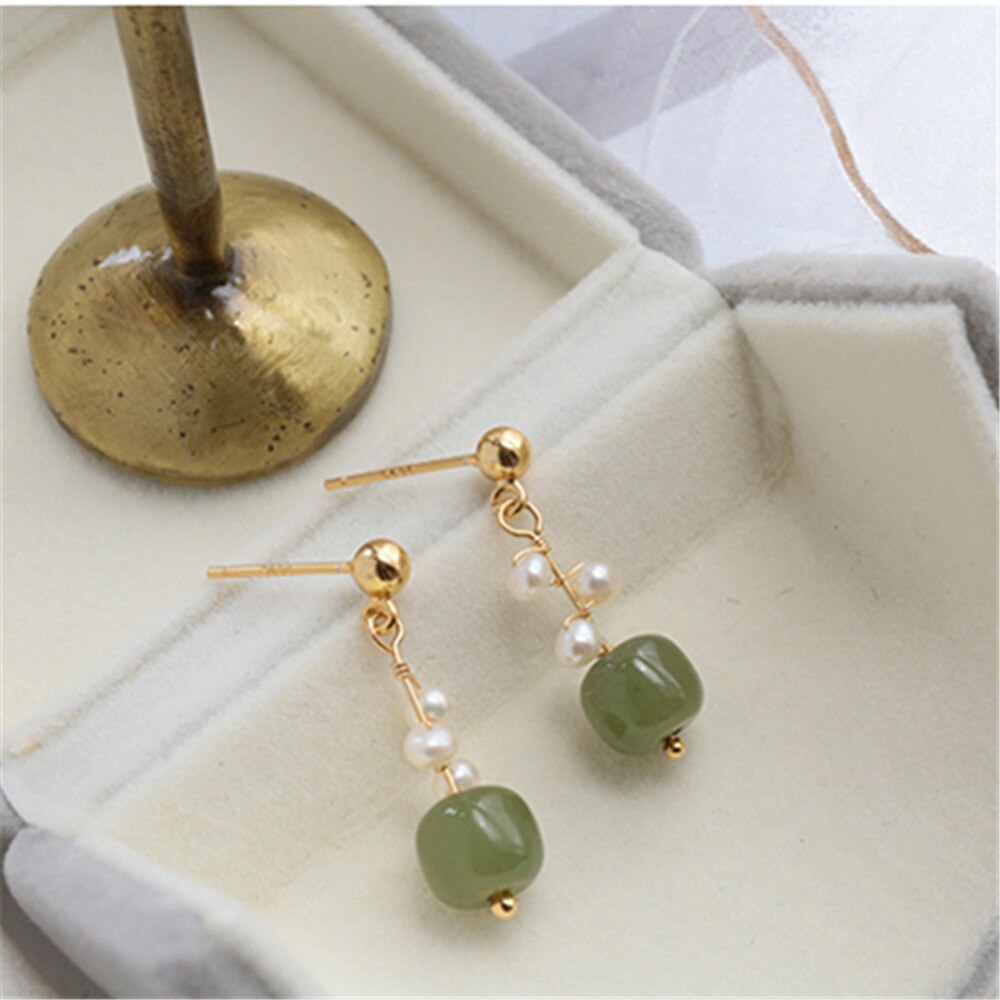 Trinity Jade Pearl Earrings • 14K Gold Plate • High Quality Hetian Jade & Trinity Pearls • Elegant Ear Clip Style & Silver Needle Style