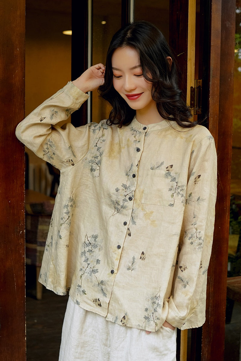 Yin Yang Tune Up Blouse in Floral Blossoms (Linen Plant)
