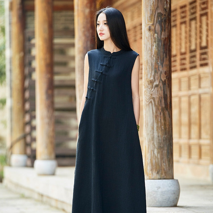 Heaven & Earth Tank Qipao Dress • Cheongsam 旗袍 • Classic Linen Dress • Sleeveless • Pockets •