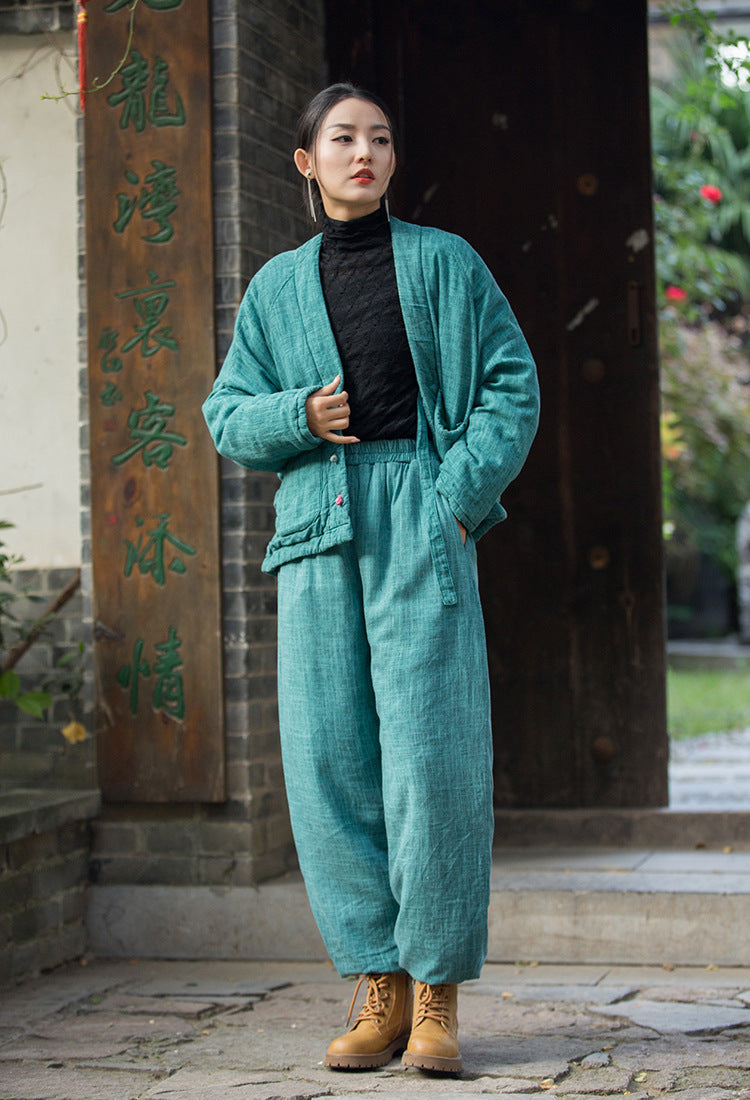 Pantaloni imbottiti Zen con tecnica Zen Dye • A base vegetale • Integrazione trapuntata a triplo strato • Flusso termico del Qi • Genere neutro